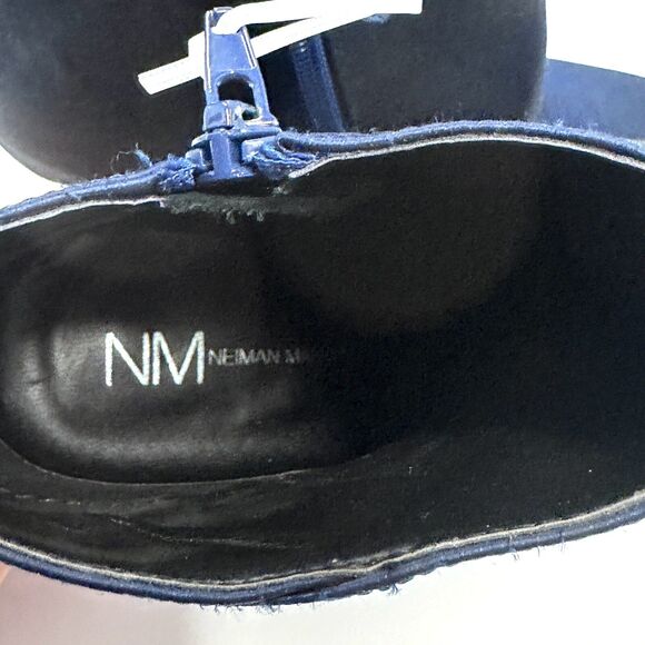 Neiman Marcus Silk Navy Pointed Toe Flower Bling Stiletto Ankle Boots Size 6.5 - Picture 8 of 12